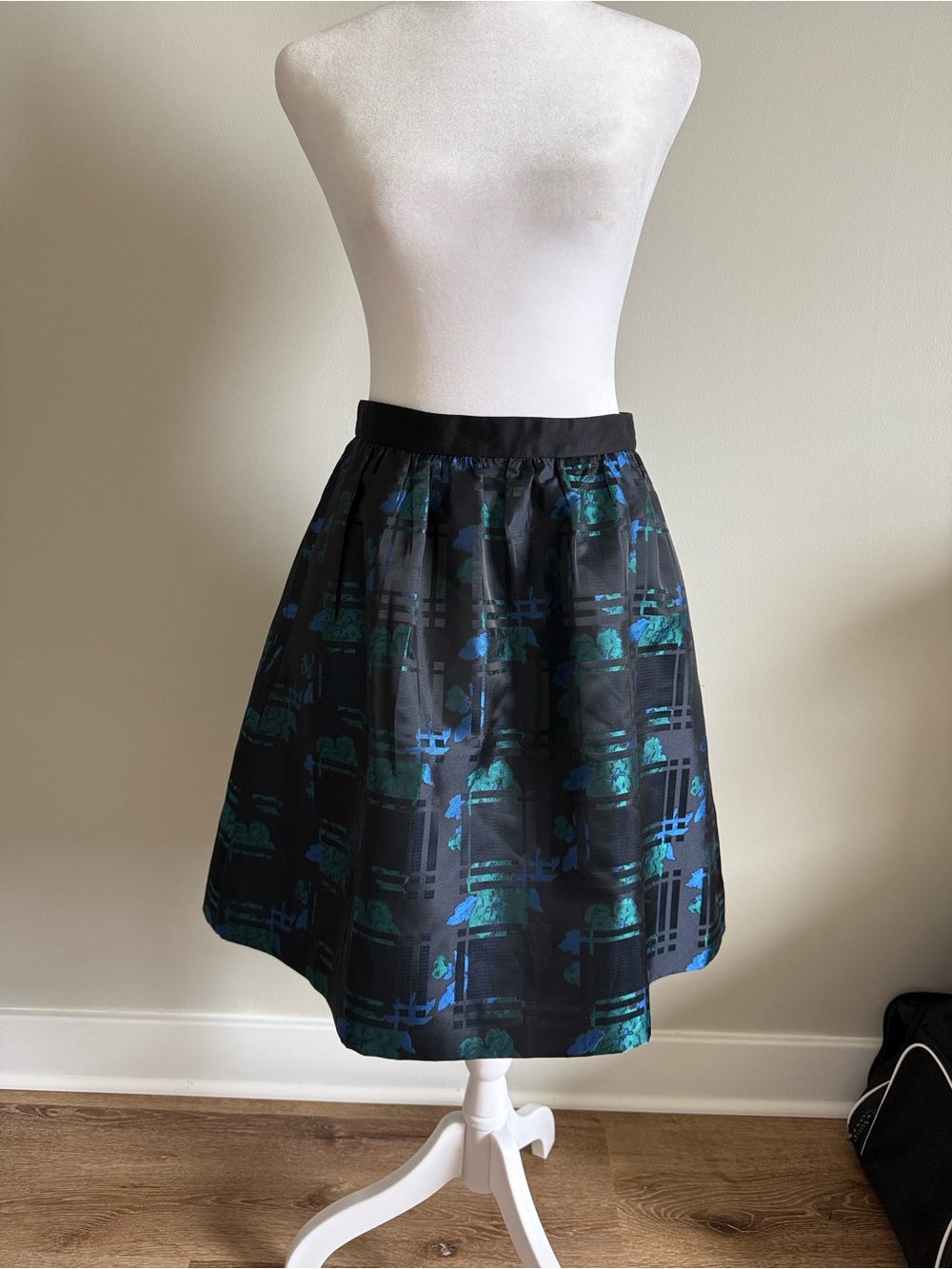J. Crew Black A-Line Skirt with Teal & Blue Print
